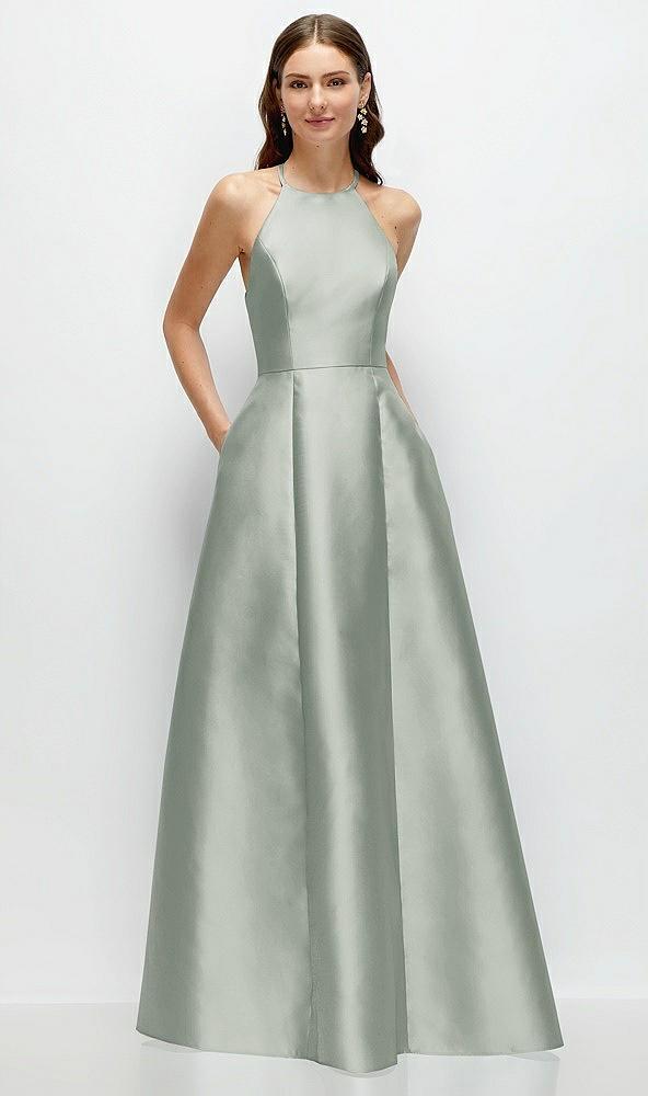 jewel neck halter full a-line satin maxi dress