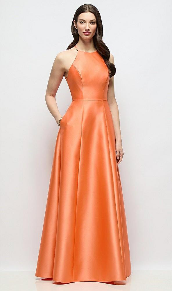jewel neck halter full a-line satin maxi dress