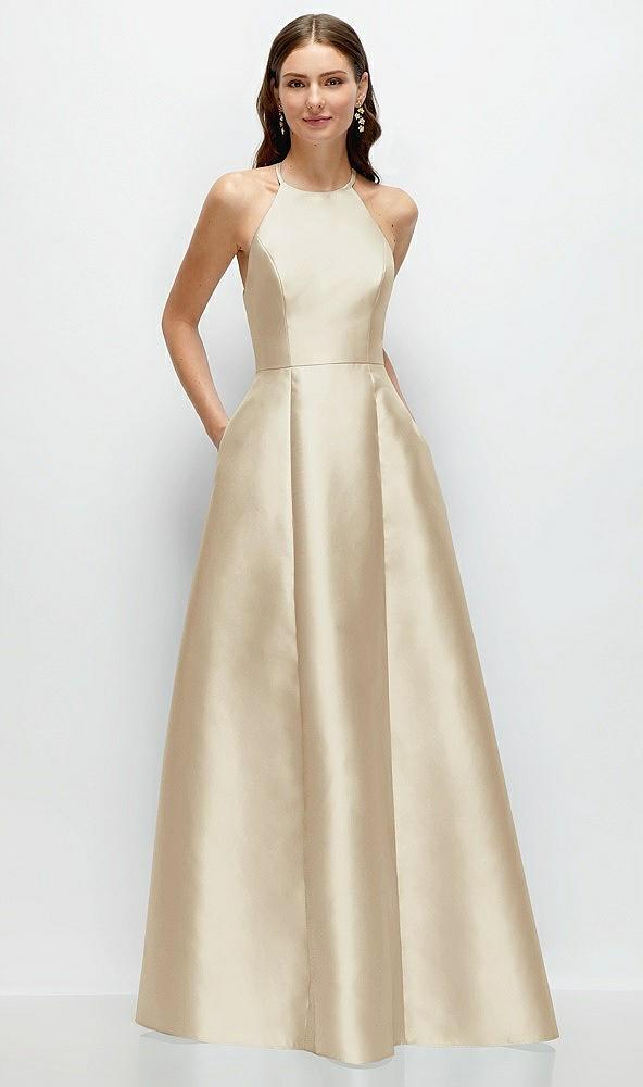 jewel neck halter full a-line satin maxi dress