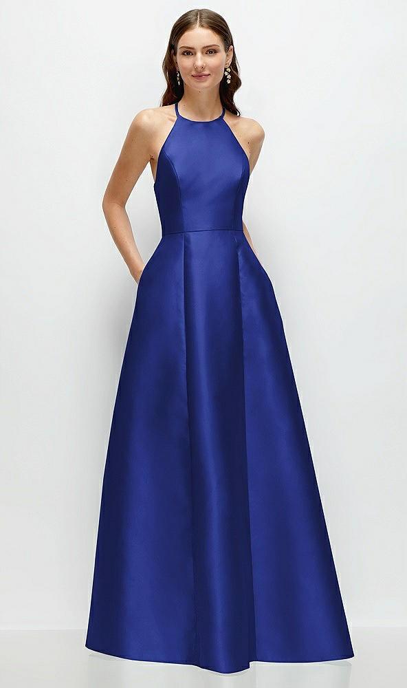 jewel neck halter full a-line satin maxi dress