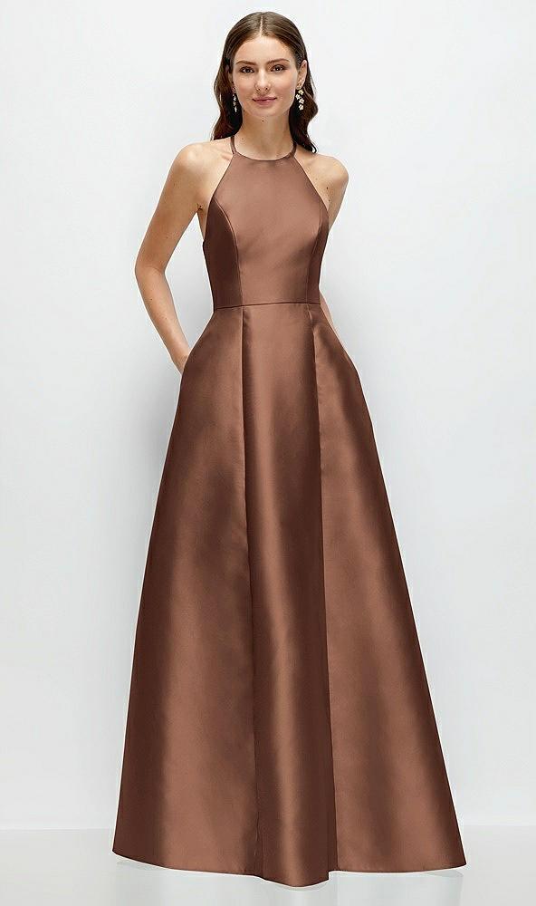 jewel neck halter full a-line satin maxi dress
