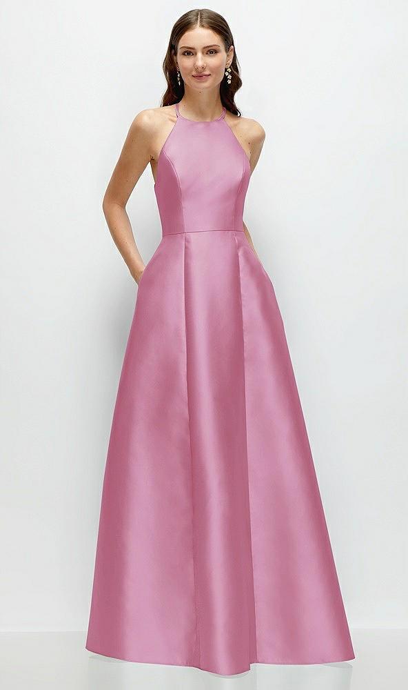 jewel neck halter full a-line satin maxi dress