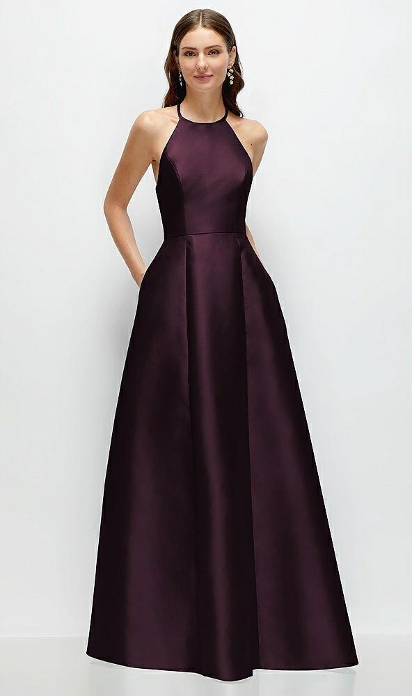 jewel neck halter full a-line satin maxi dress