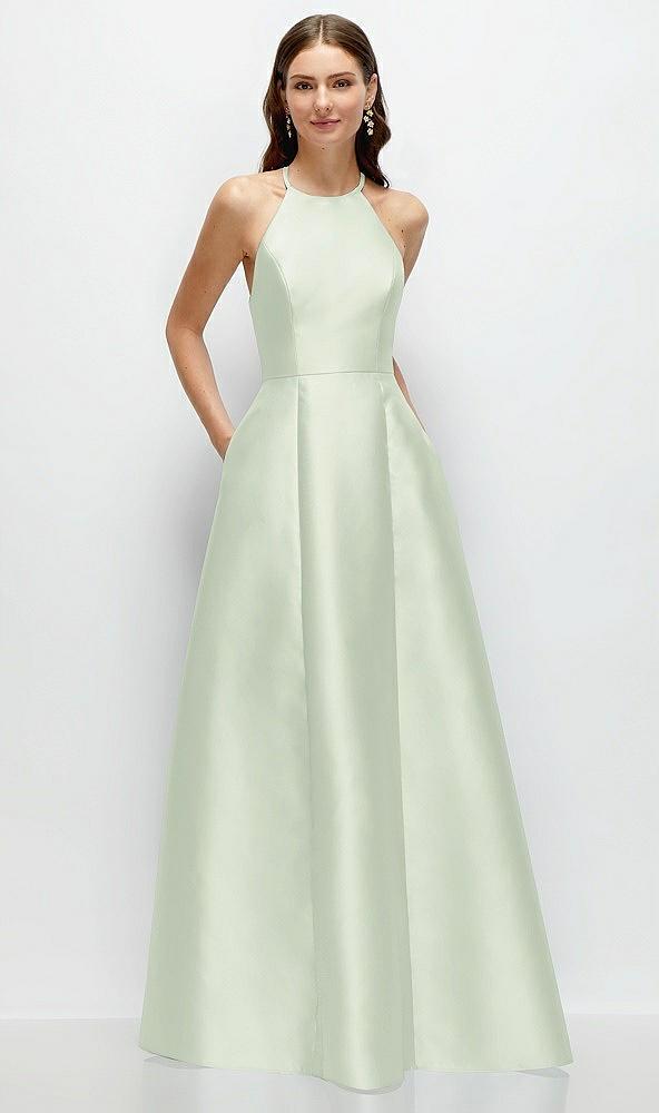 jewel neck halter full a-line satin maxi dress