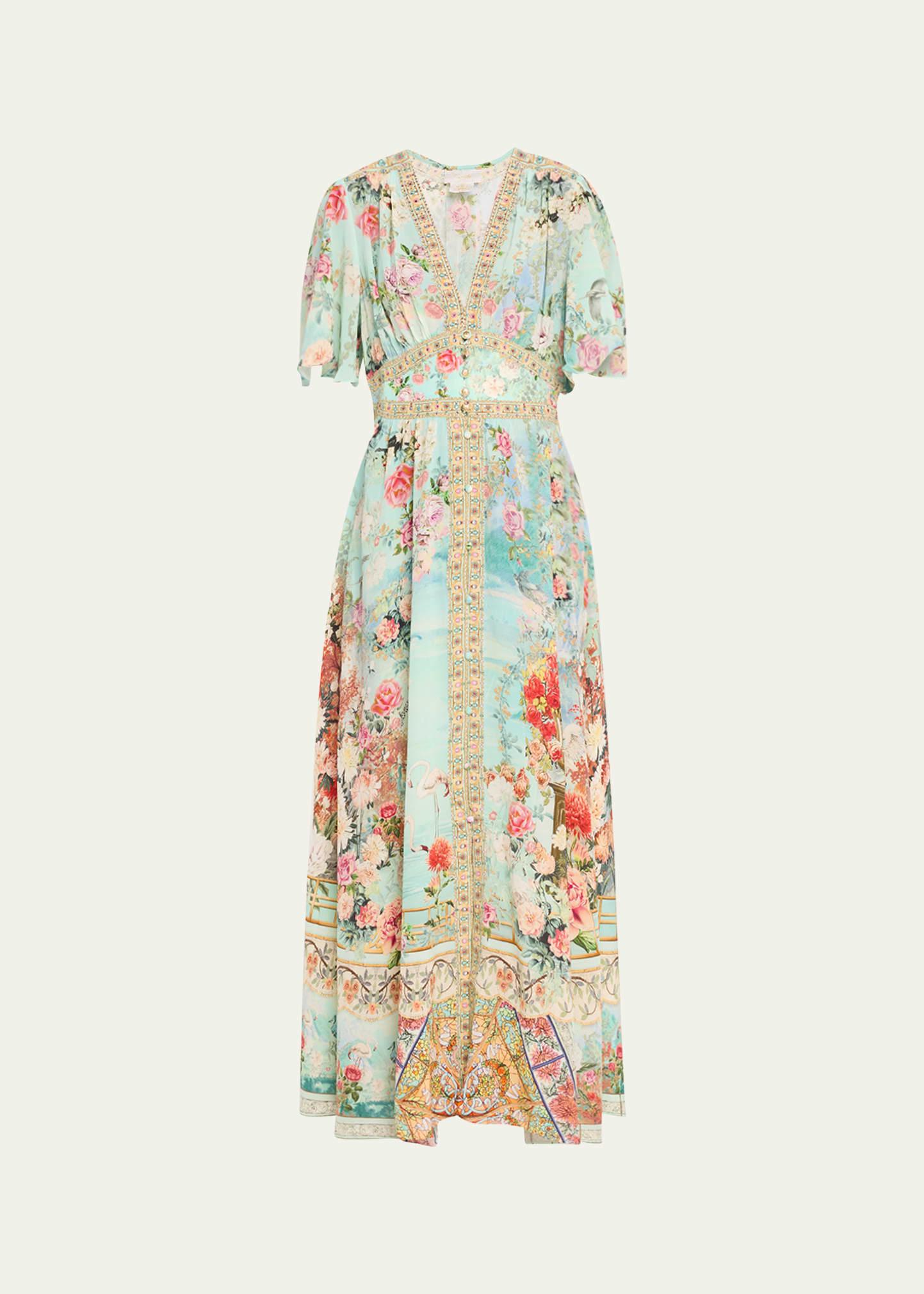 jewellery museum shaped-waistband dress with flutter sleeves