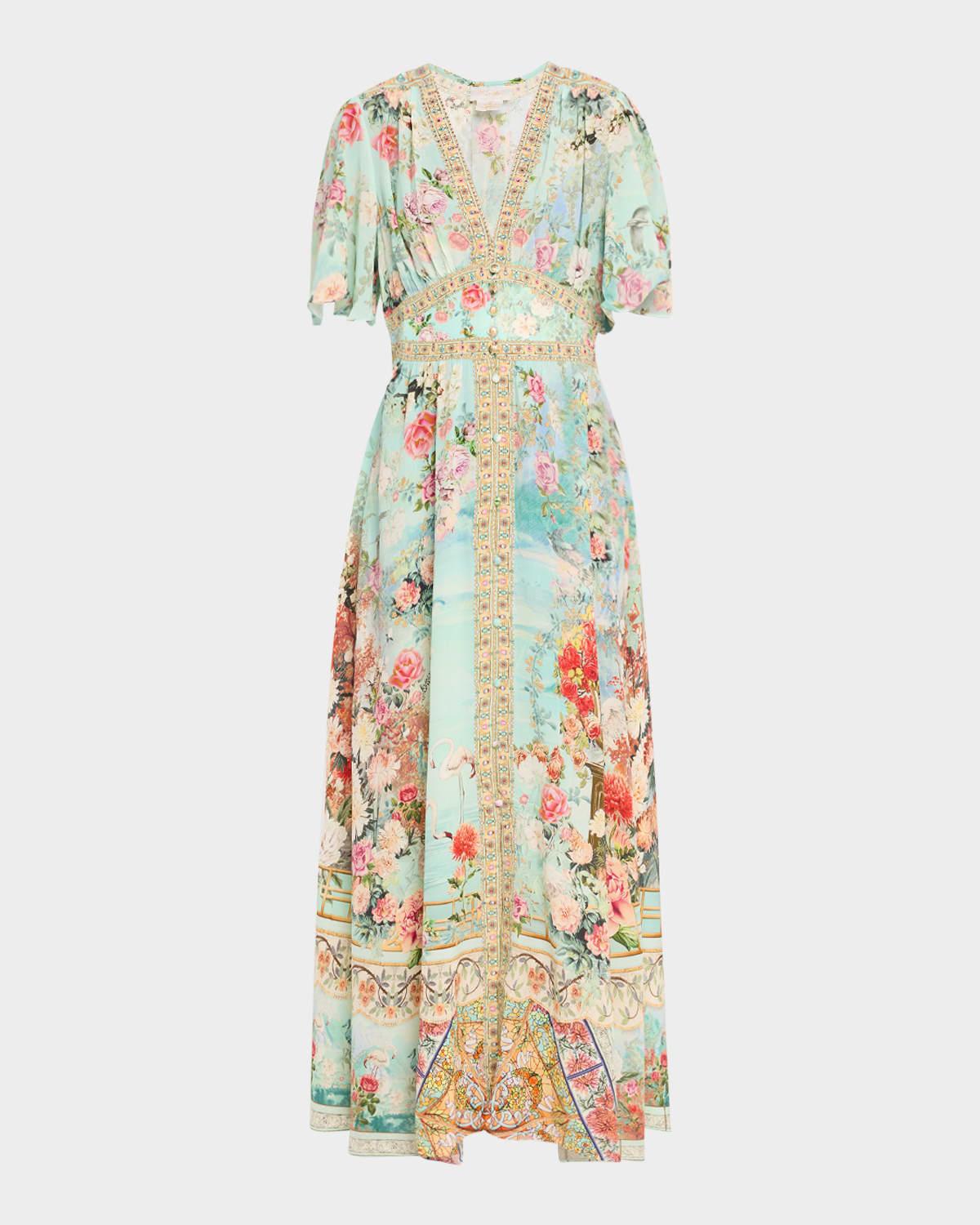 jewellery museum shaped-waistband dress with flutter sleeves