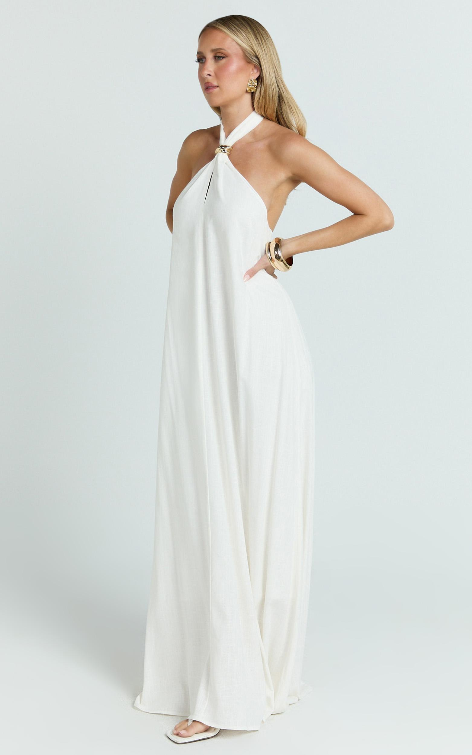jhazmine maxi dress - halterneck linen gold trim dress in off white