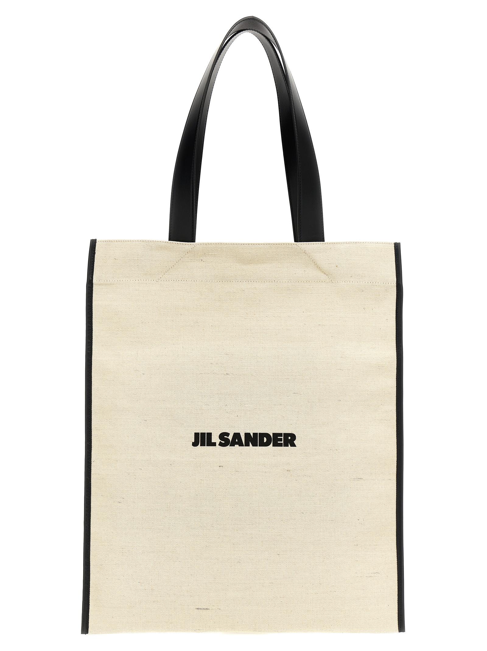 jil sander medium flat shopping bag white/black jute cotton tote - women