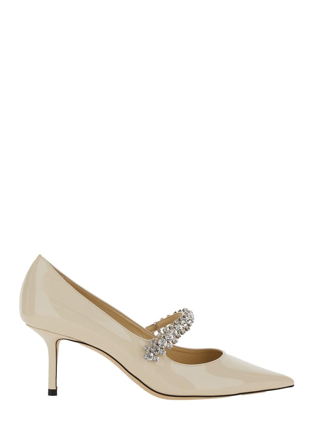 jimmy choo bing white pumps with crystal embellishments and high cone heel in patent leather blend woman