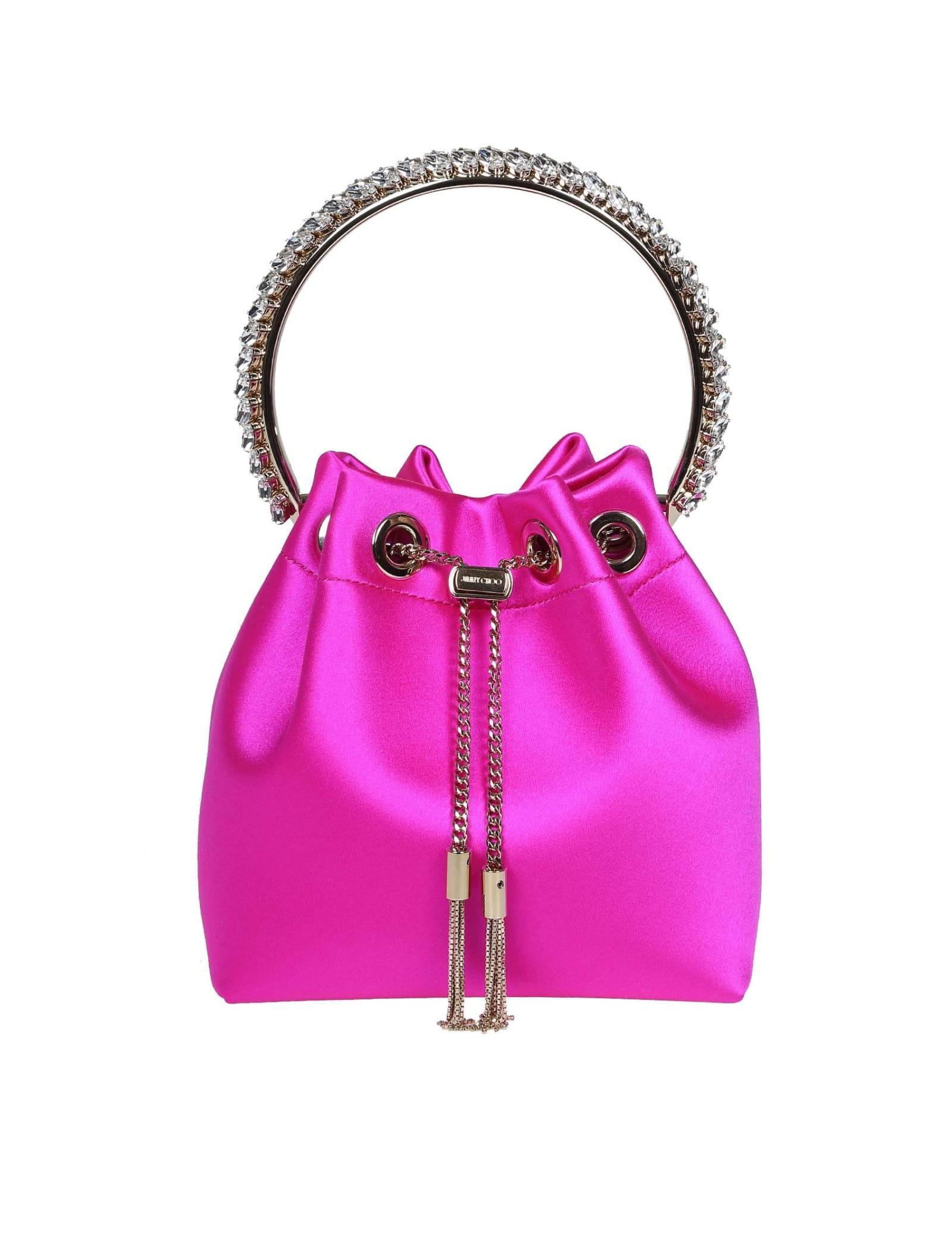 jimmy choo bon bon bucket in fuchsia satin