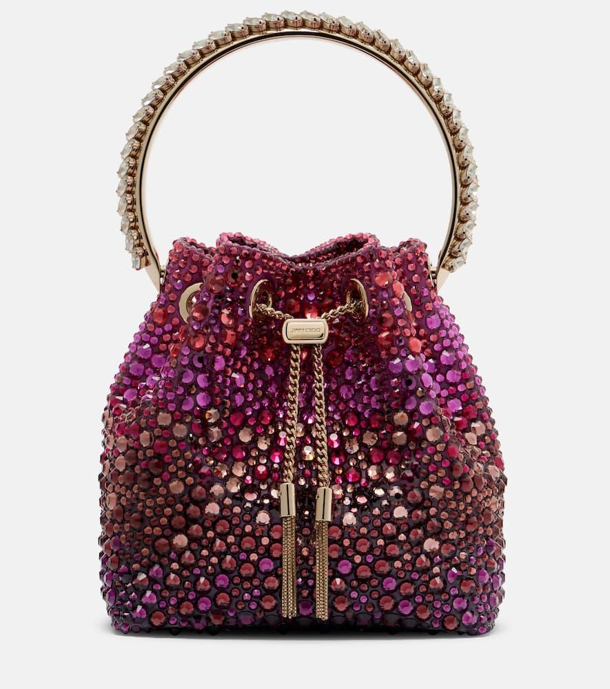jimmy choo bon bon embellished satin bucket bag