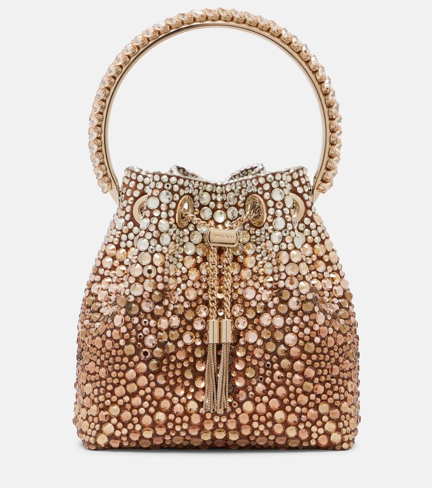 jimmy choo bon bon embellished satin bucket bag