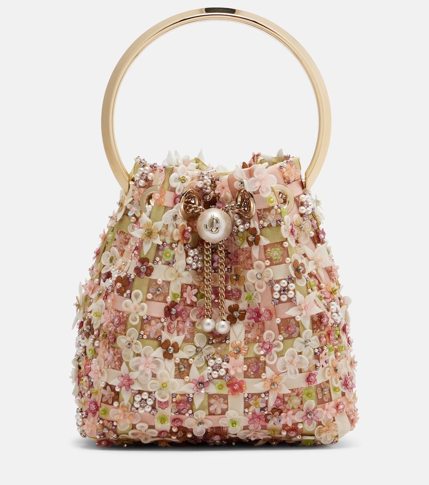 jimmy choo bon bon floral embellished bucket bag