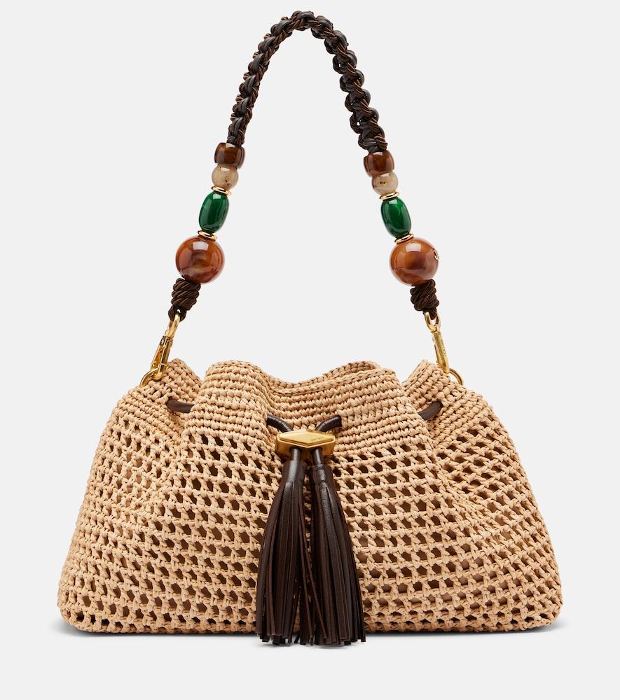 jimmy choo bon bon medium beaded raffia bucket bag