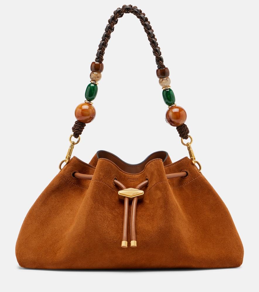 jimmy choo bon bon medium beaded suede bucket bag