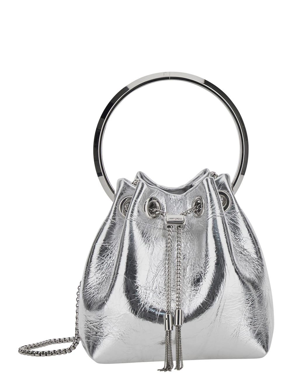 jimmy choo bon bon metallic handbag with metal bracelet handle and chain-link shoulder strap in leather woman