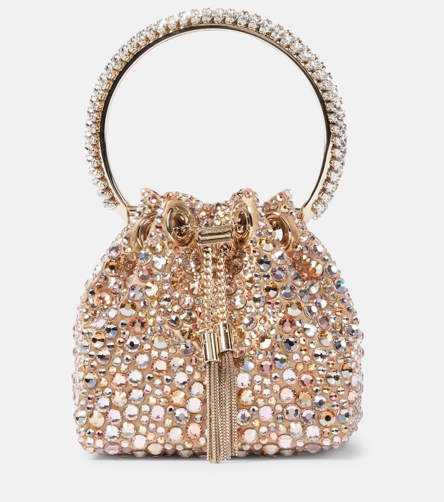 jimmy choo bon bon micro embellished satin bucket bag