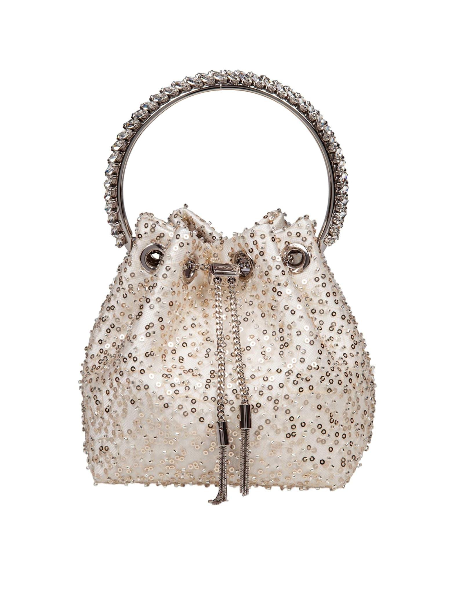 jimmy choo bon bon satin bag with micro net and applied stones
