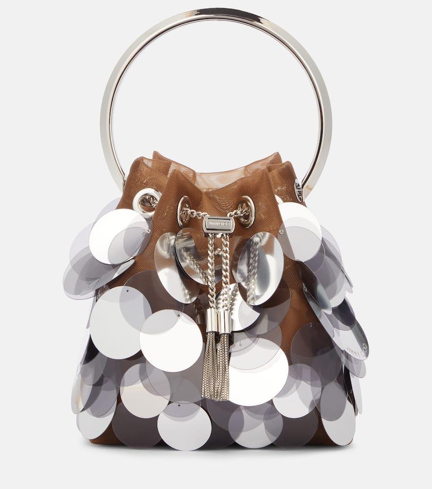 jimmy choo bon bon sequined mesh bucket bag