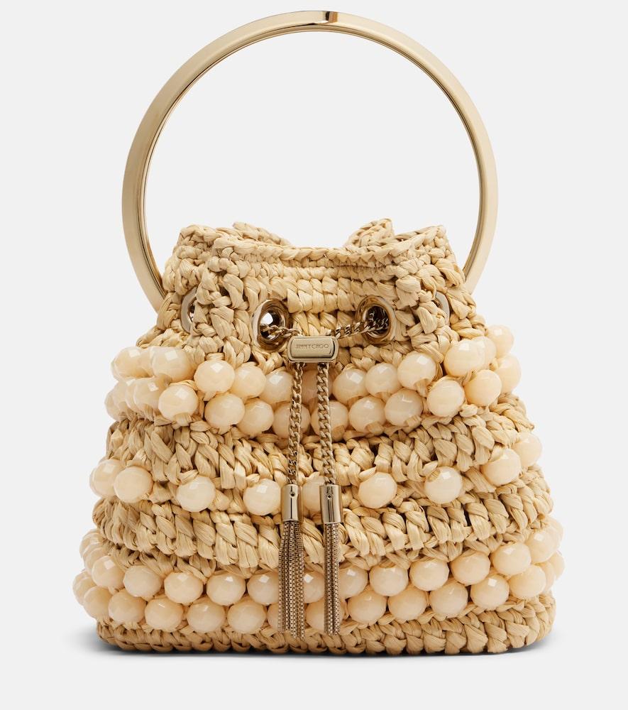 jimmy choo bon bon small beaded raffia bucket bag