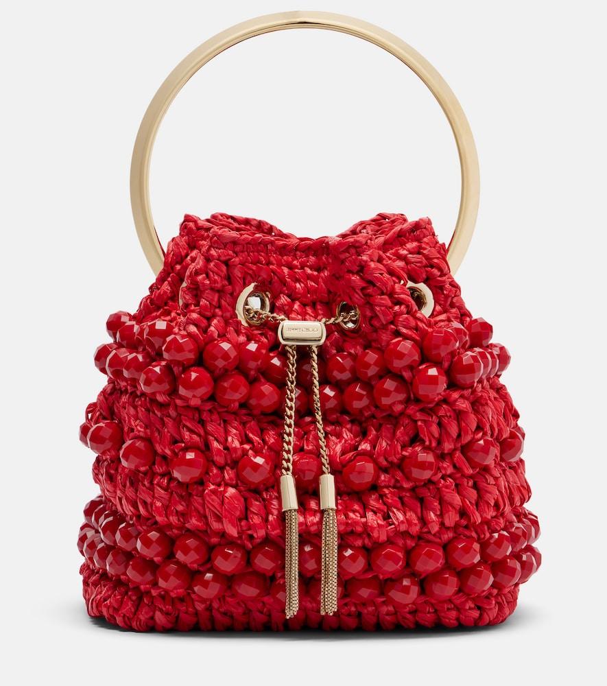 jimmy choo bon bon small beaded raffia bucket bag