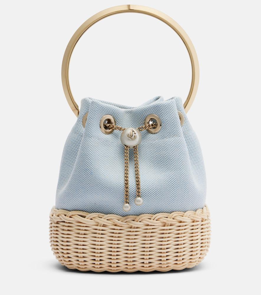 jimmy choo bon bon small canvas and wicker bucket bag