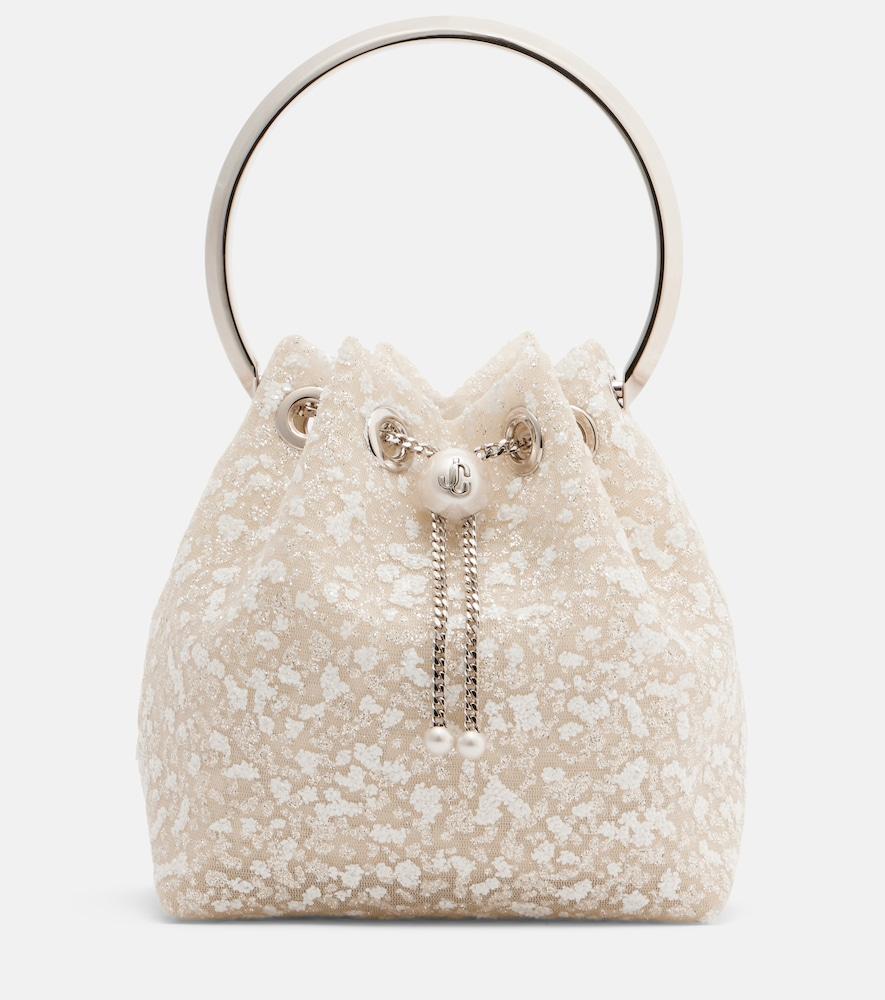jimmy choo bon bon small embellished lace bucket bag