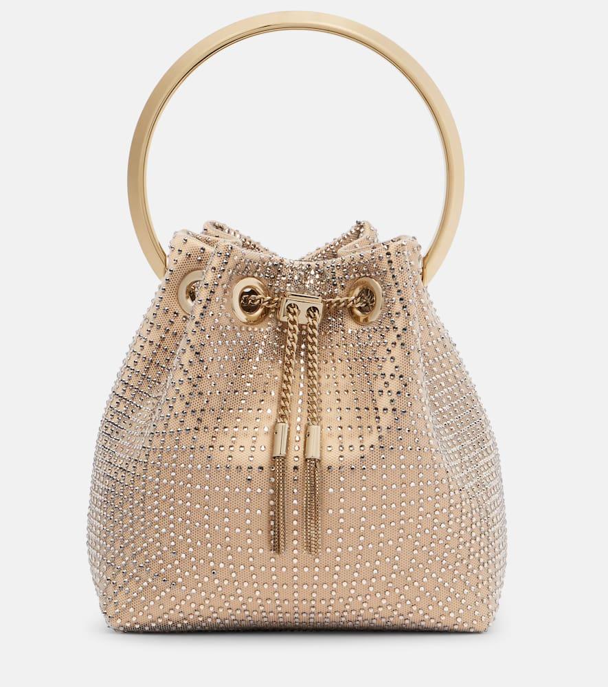 jimmy choo bon bon small embellished satin bucket bag