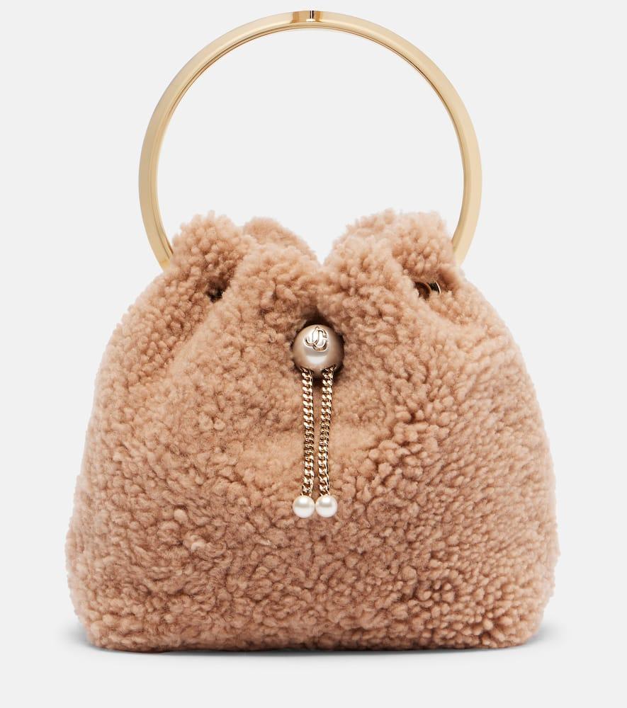 jimmy choo bon bon small shearling bucket bag