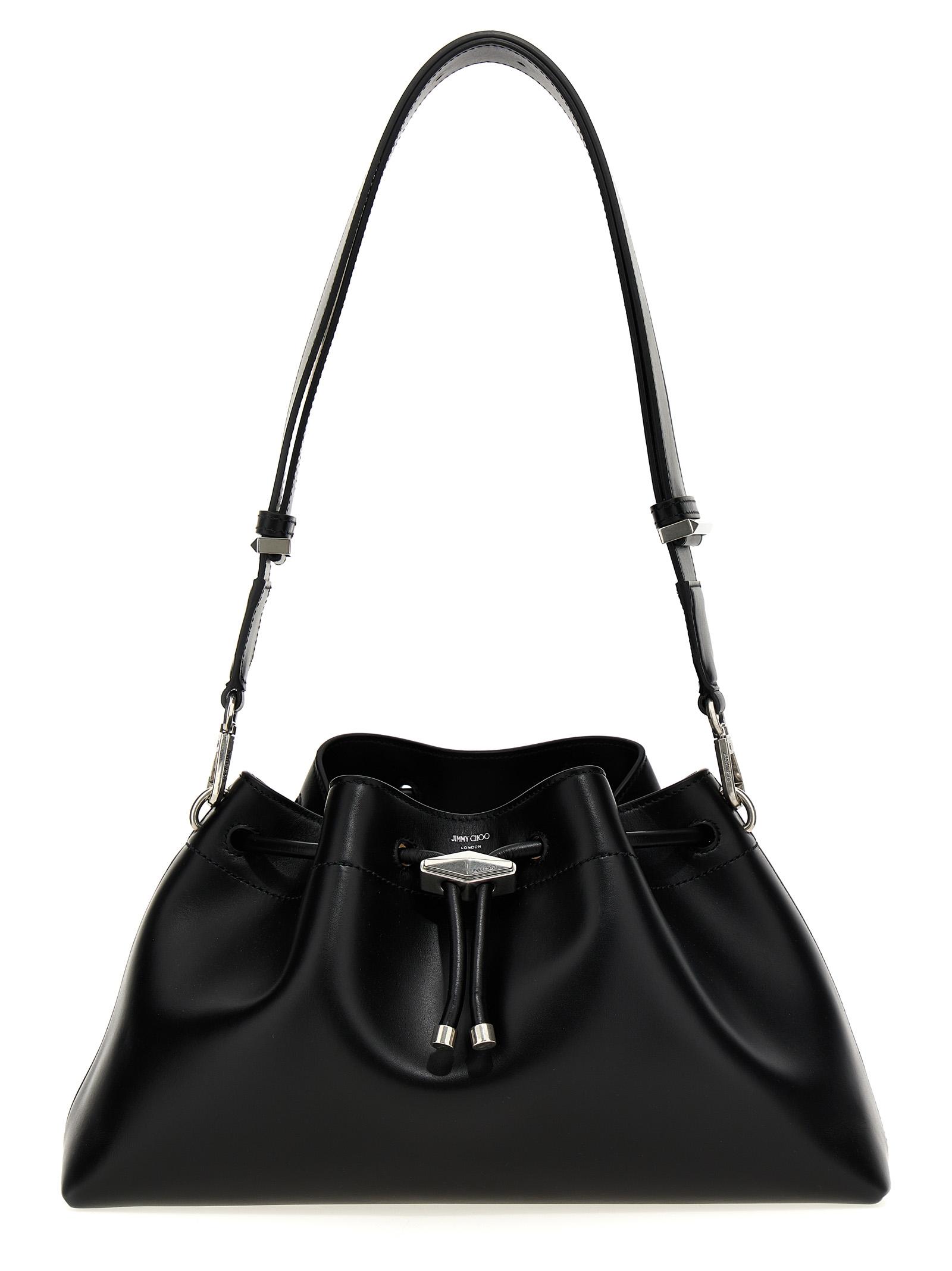 jimmy choo cinch m shoulder bag black calf leather brass - women