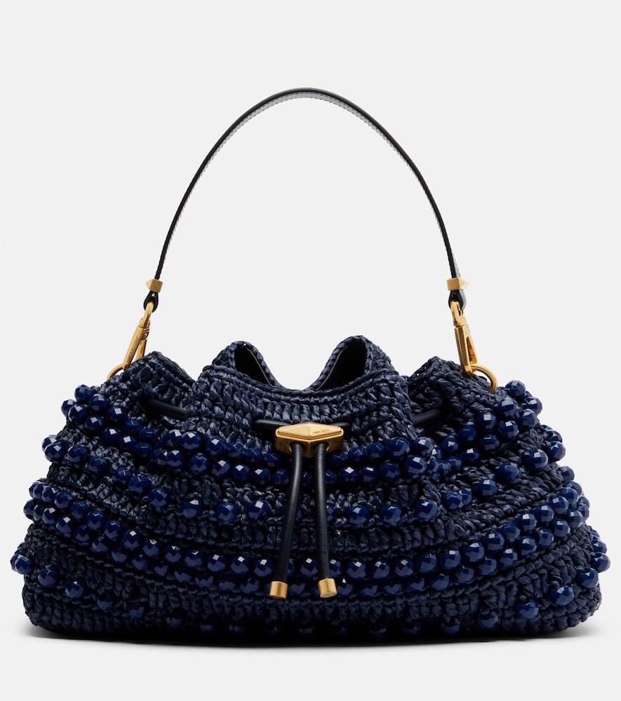jimmy choo cinch medium beaded raffia tote bag
