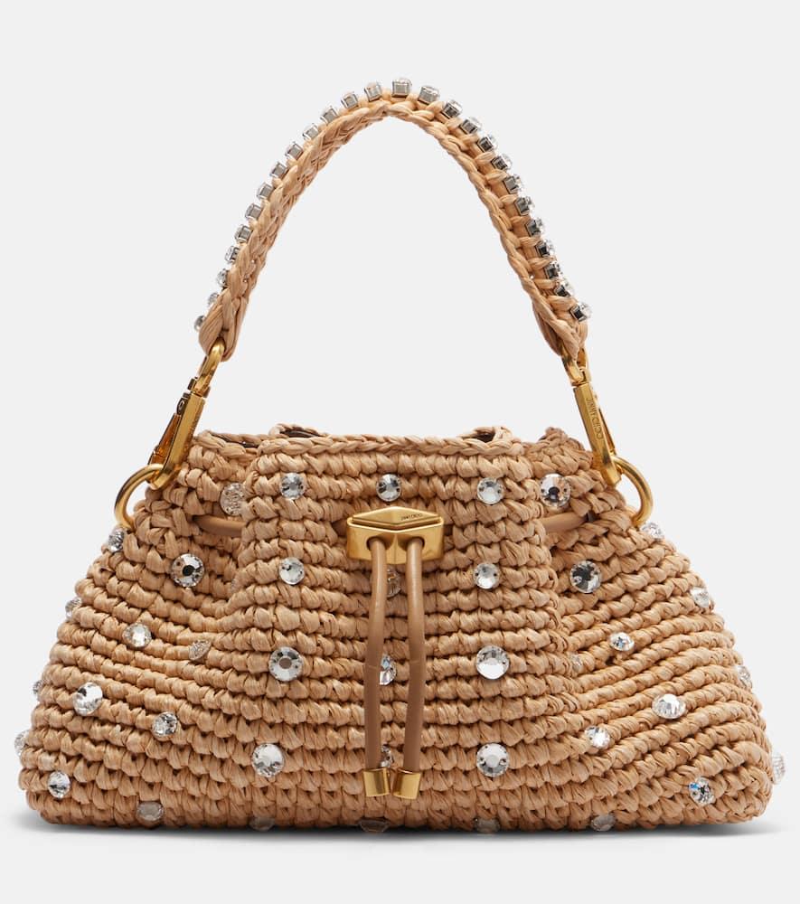 jimmy choo cinch small embellished raffia tote bag