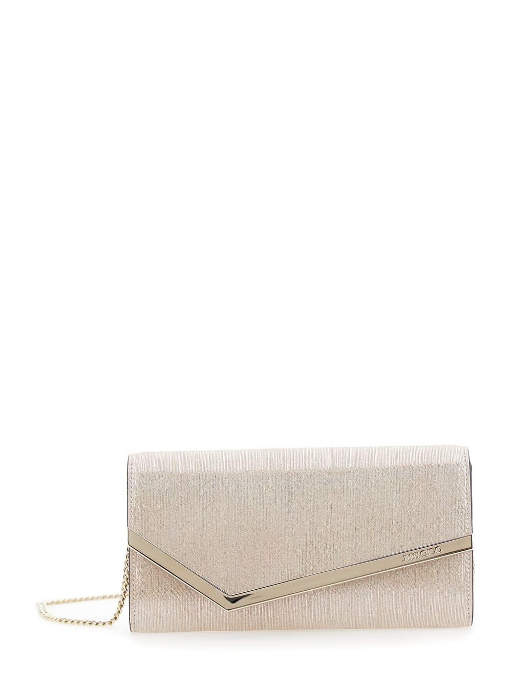 jimmy choo clutch emmie with chain strap and logo lettering imprinted on the front in metallic leather for women