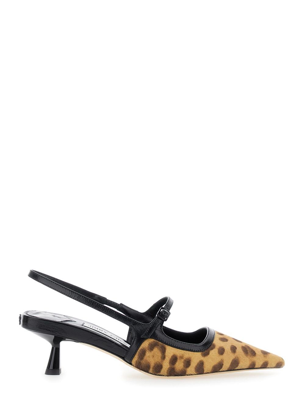 jimmy choo didi brown slingback pumps with leopard motif and sculpted heel in leather woman