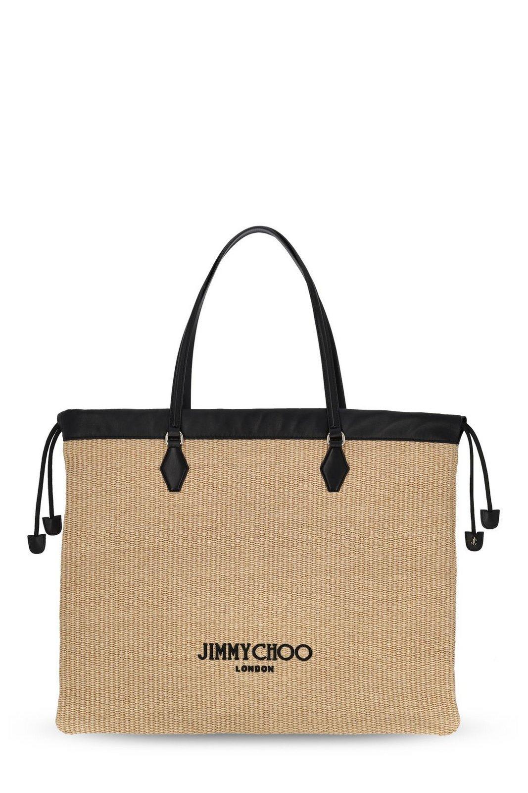 jimmy choo drawstring logo embroidered tote bag