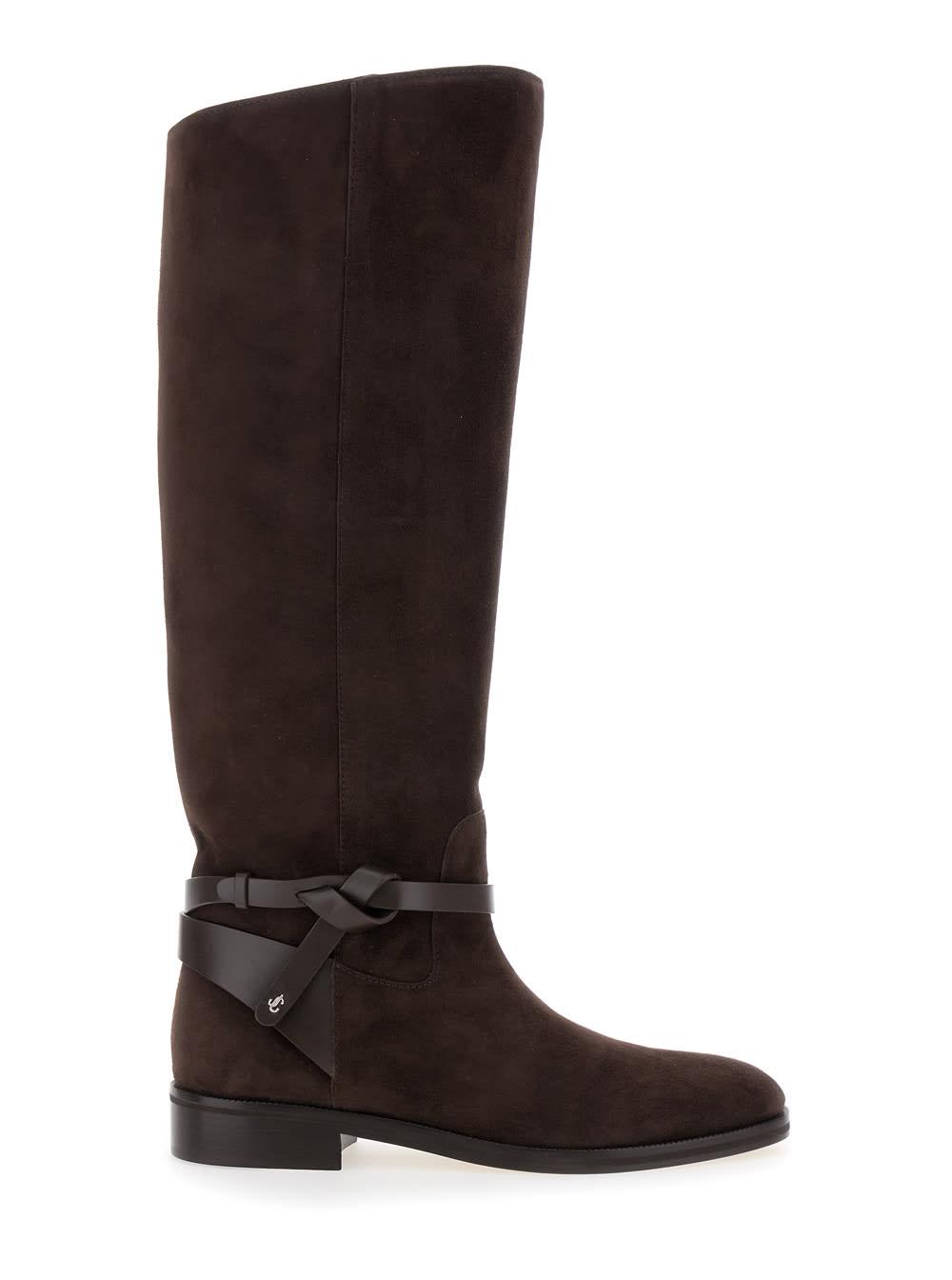jimmy choo lawton brown knee-high boots with knotted detail in suede woman