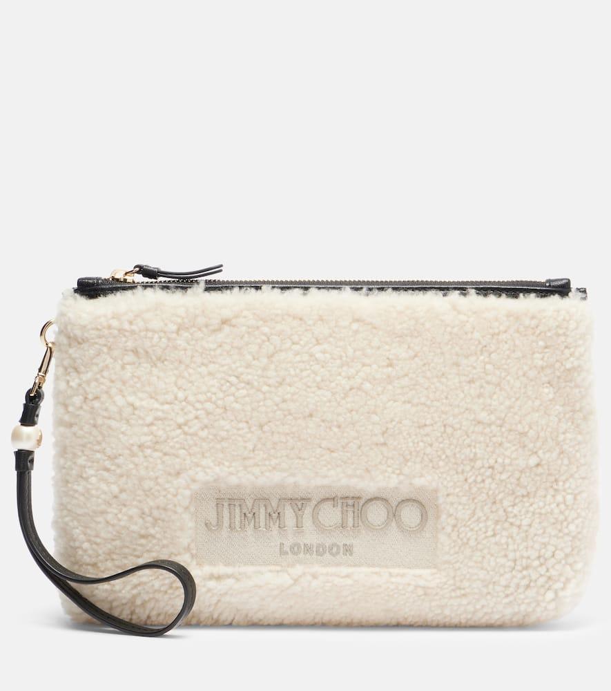 jimmy choo logo shearling pouch with strap