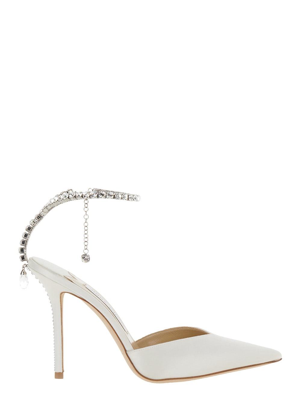 jimmy choo saeda white pointed and closed toe sandals with rhinestone chain in leather woman