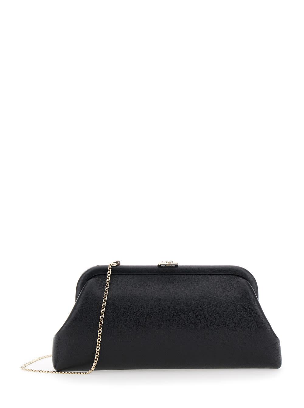 jimmy choo skylar black clutch with chain-link shoulder strap and kiss-lock closure with logo plaque in leather woman