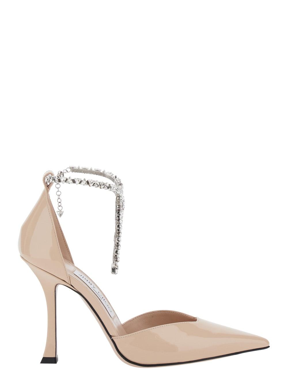 jimmy choo stevie pink pumps with rhinestoned ankle strap and high heel in leather woman