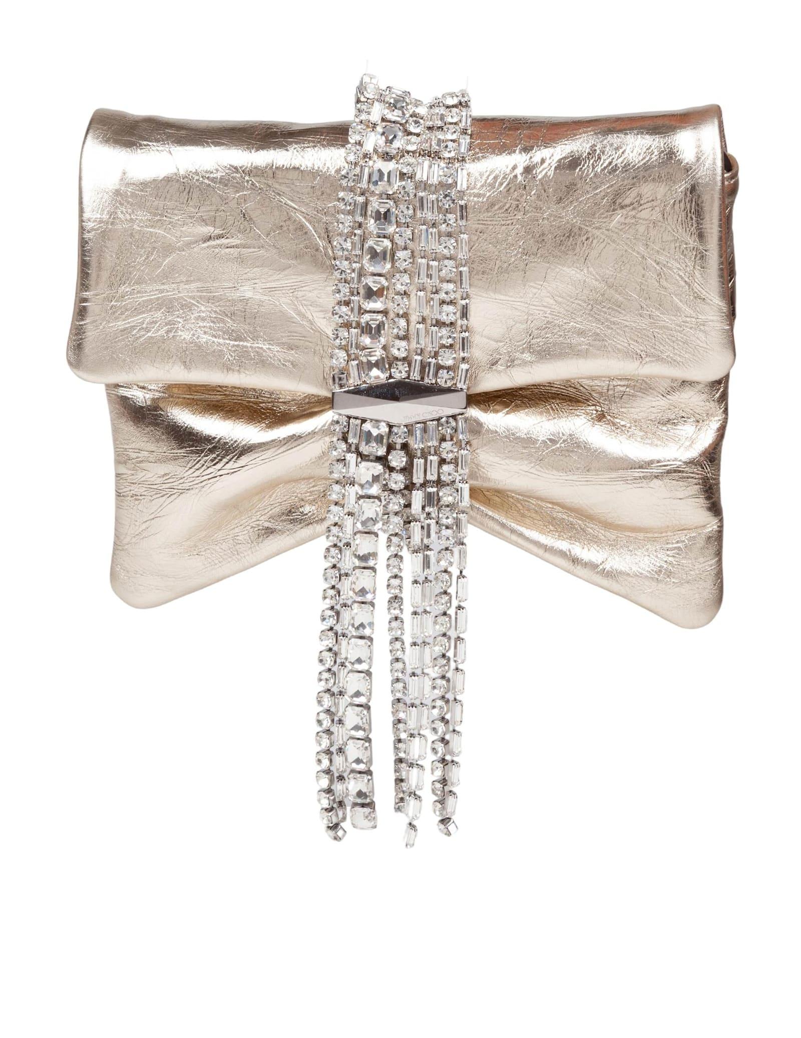 jimmy choo zandra clutch bag in metallic leather with platinum color