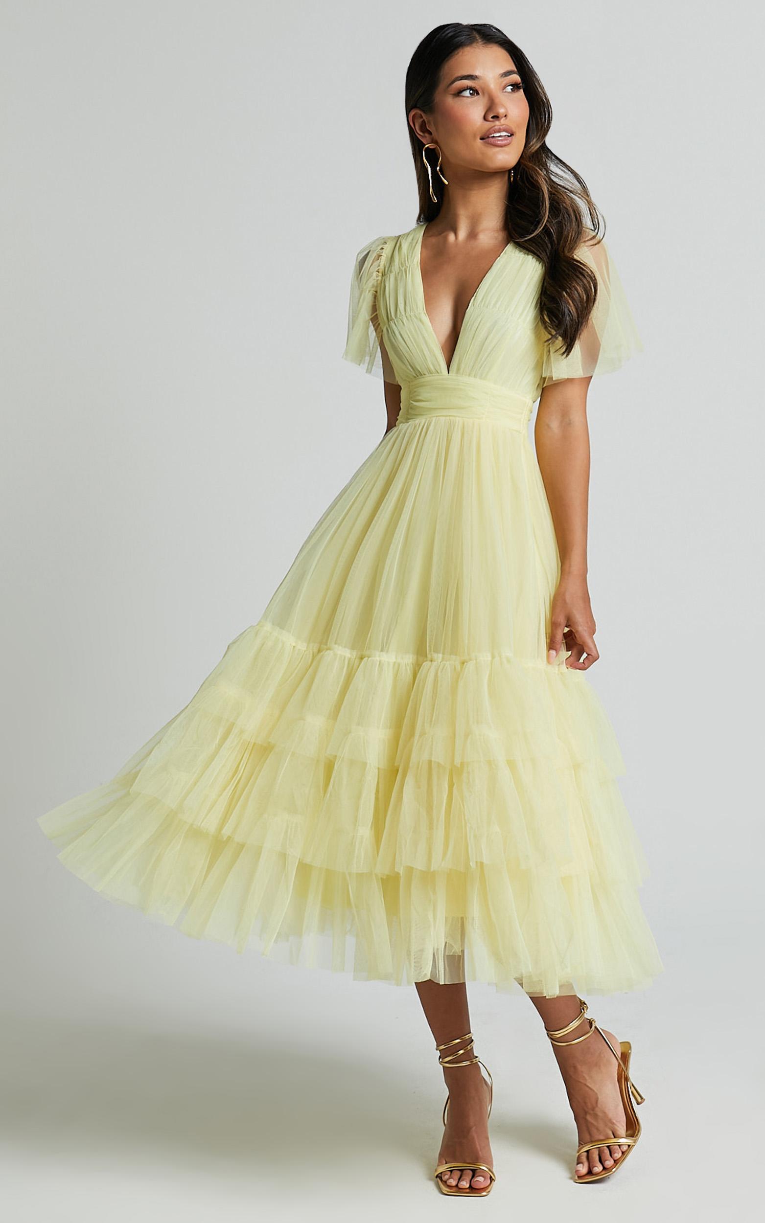 jiraye midi dress - flutter sleeve tuelle plunge dress in lemon