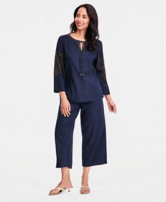jm collection womens beaded split neck top cropped drawstring wide leg pants macys exclusive