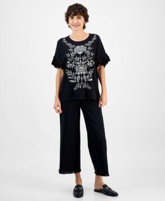 jm collection womens embroidered fringe trim poncho top high rise fringe hem capri pants macys exclusive