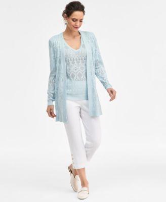 jm collection womens pointelle open front cardigan short sleeve pointelle v neck sweater side button pull on capri pants macys exclusive