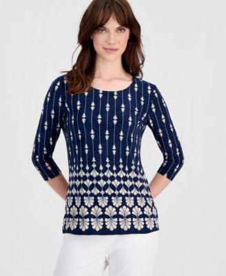 jm collection womens printed 3 4 sleeve scoop neck jacquard top macys exclusive