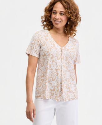 jm collection womens printed front zipper v neck top macys exclusive