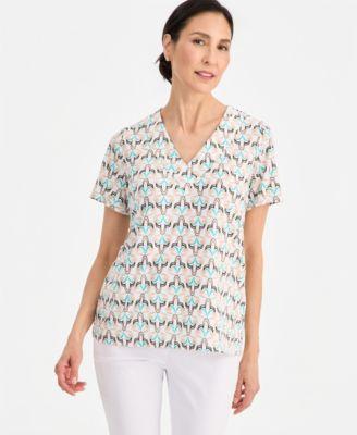 jm collection womens printed short sleeve v neck jacquard top macys exclusive