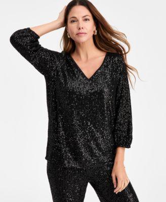 jm collection womens sequinned 3 4 sleeve top macys exclusive