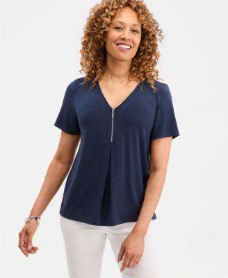 jm collection womens v neck front zip pleated top macys exclusive